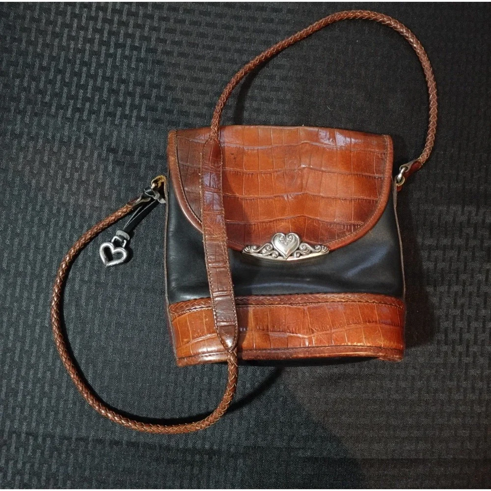 Brighton Vintage Crossbody Bag Black Brown Croc Embossed‎ Leather Heart Hardware